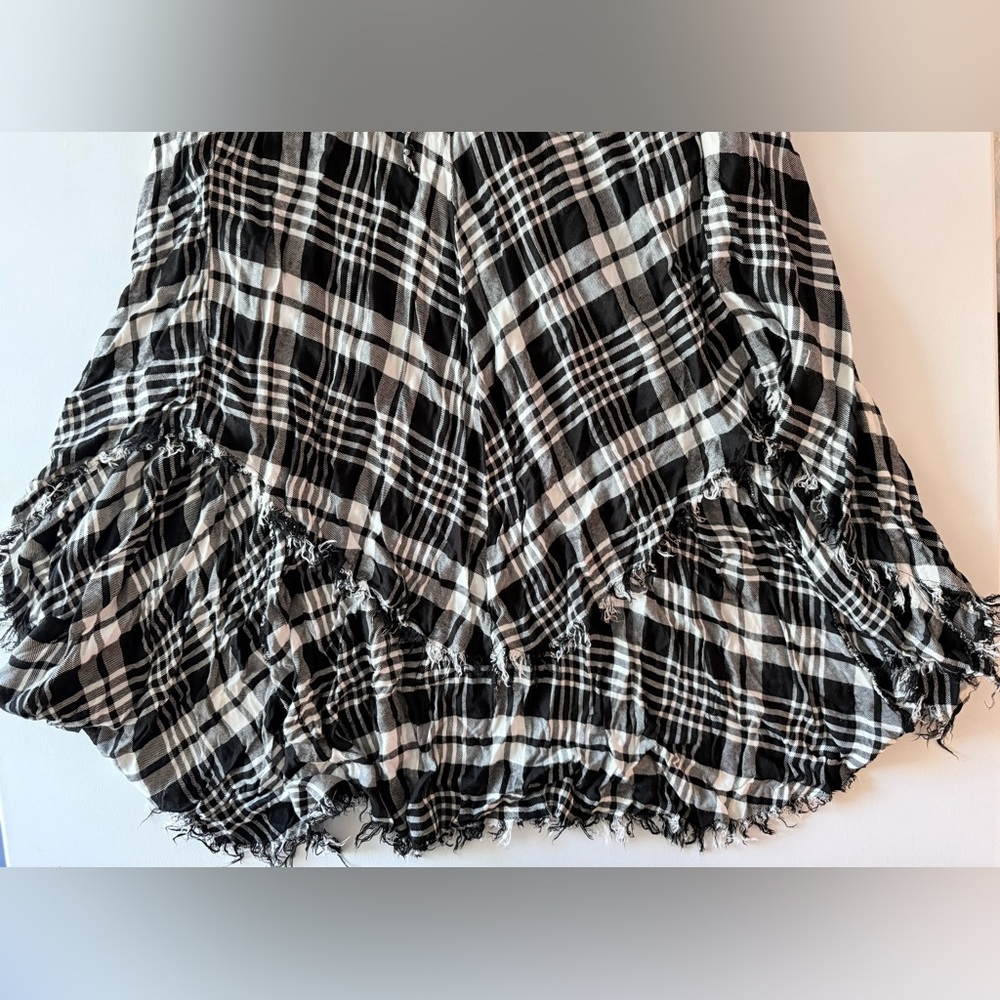 Kosmios Plaid Maxi Dress M Black White Boho Fringe Hem Pockets Tie Waist Flowy - Picture 3 of 8